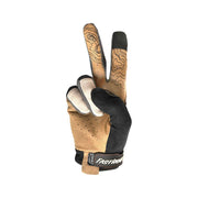 Youth riding glove with black back, tan palm, and hook-and-loop wrist strap