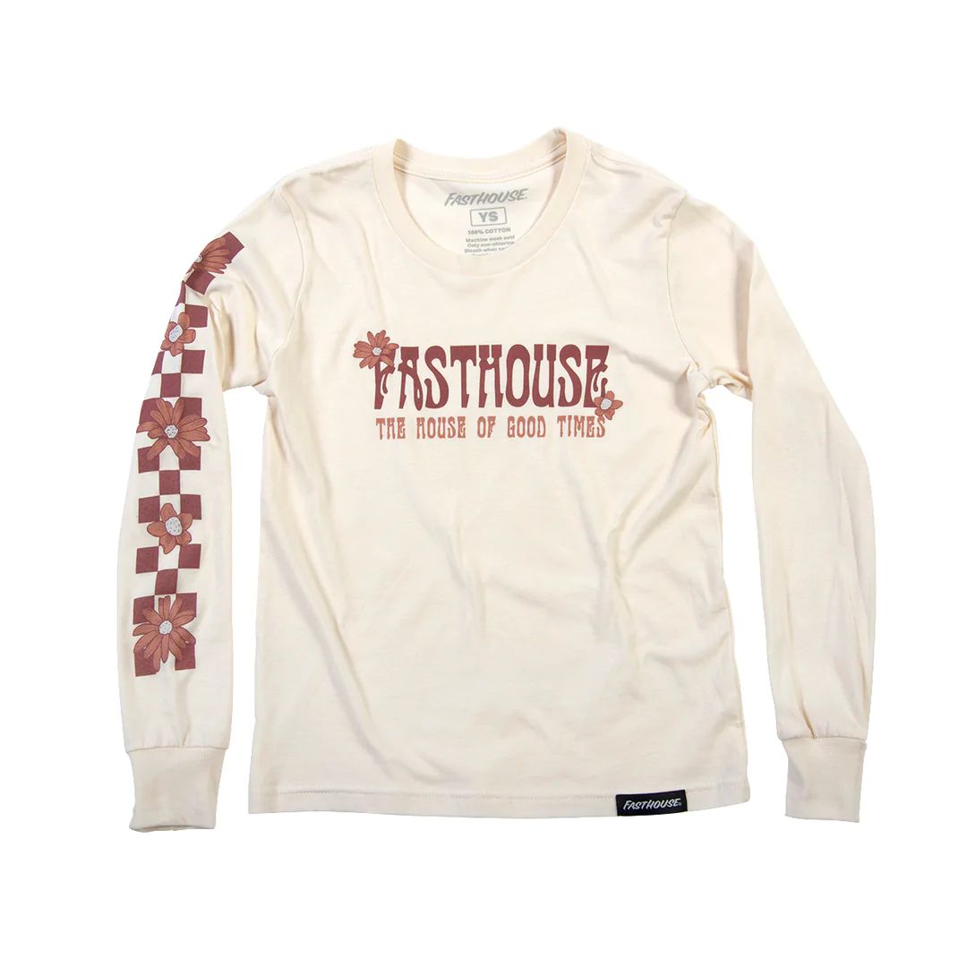 Youth natural long-sleeve graphic T-shirt with checkered sleeve print