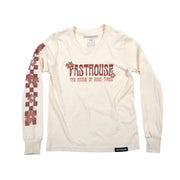 Youth natural long-sleeve graphic T-shirt with checkered sleeve print