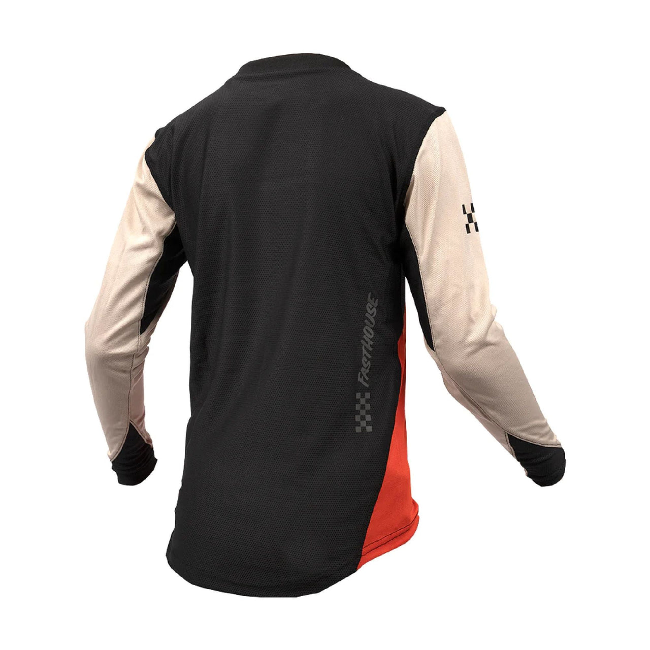 Youth long-sleeve motocross jersey back view, dark panels with cream sleeves and red hem