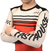 Youth long-sleeve motocross jersey, cream/red front with bold black sleeve lettering