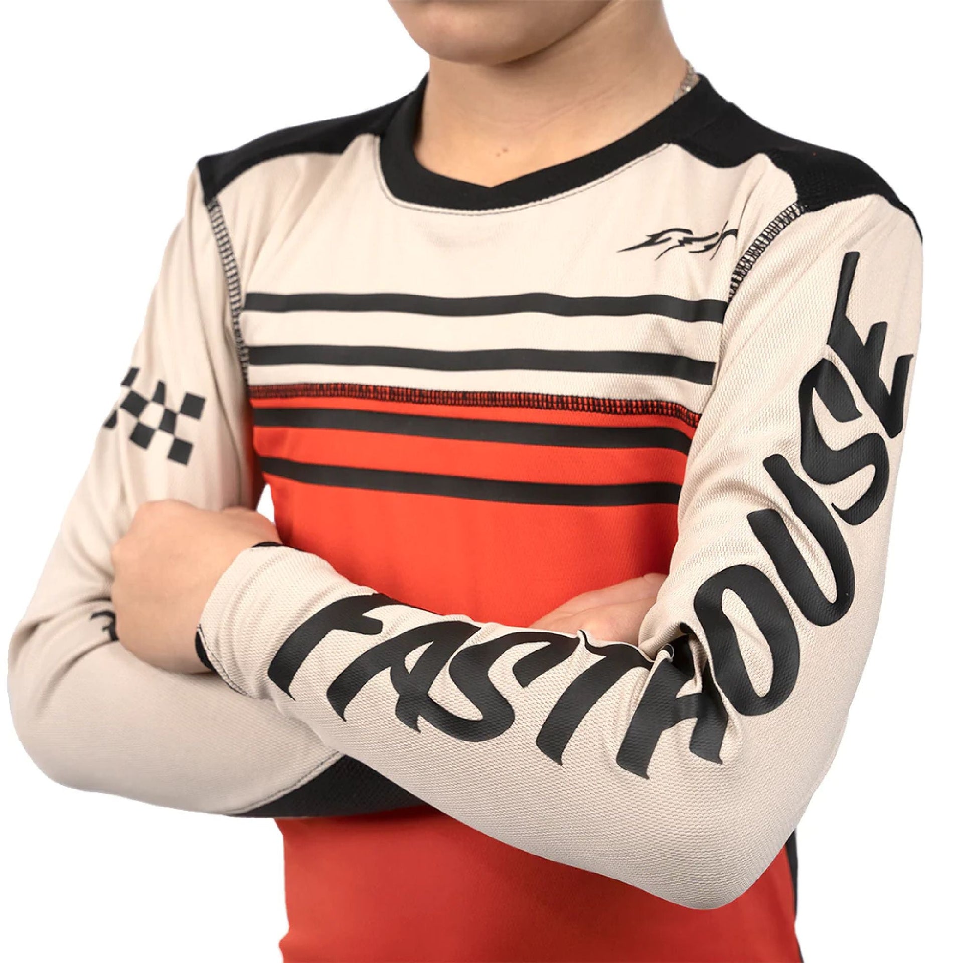 Youth long-sleeve motocross jersey, cream/red front with bold black sleeve lettering