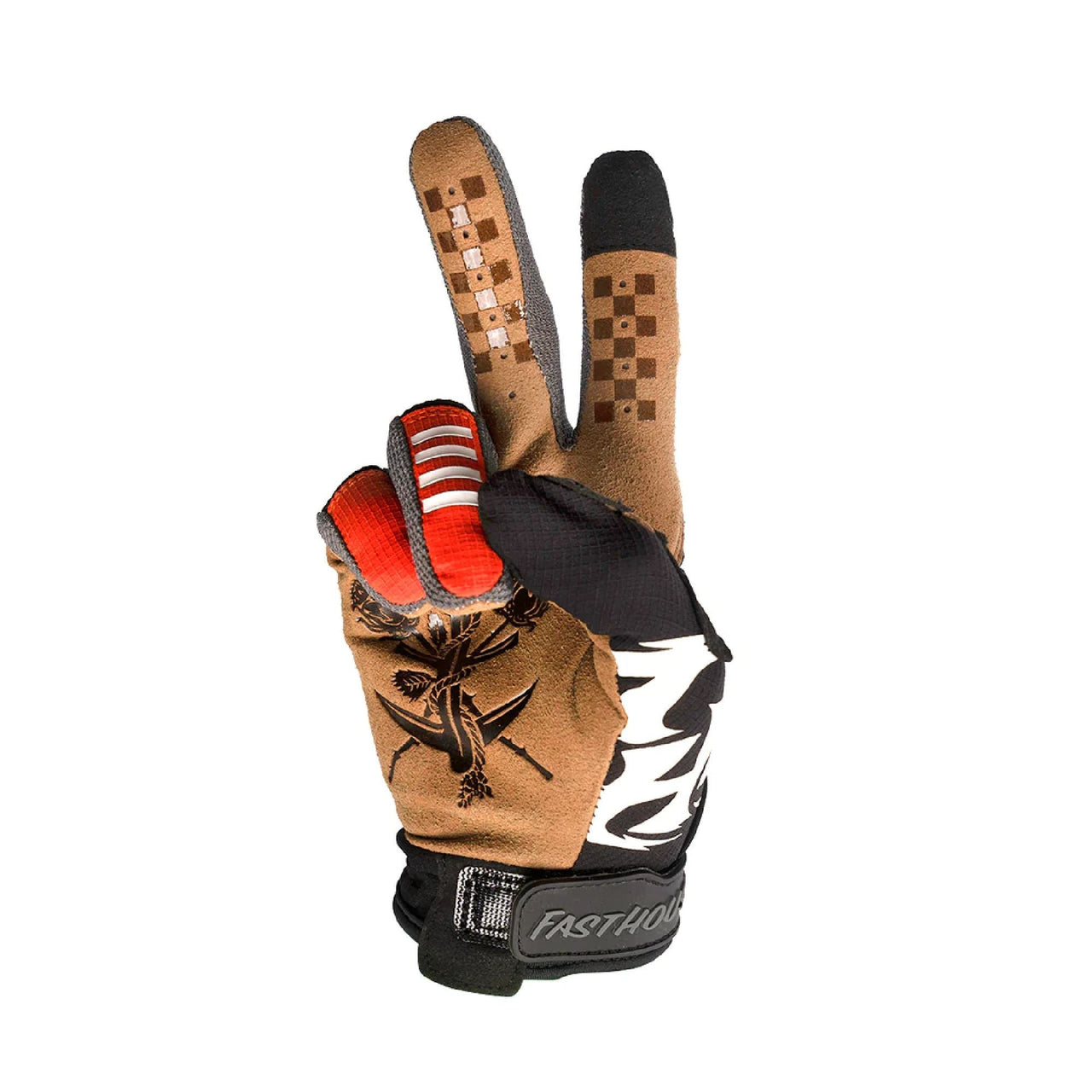 Youth motorcycle glove, tan palm with black back, white logo print, red-and-white wrist stripe, strap cuff