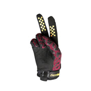 Black and maroon motorcycle glove with checkered cuff and hook-and-loop wrist strap