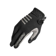 Black youth riding gloves with white logo stripes and padded knuckle protection