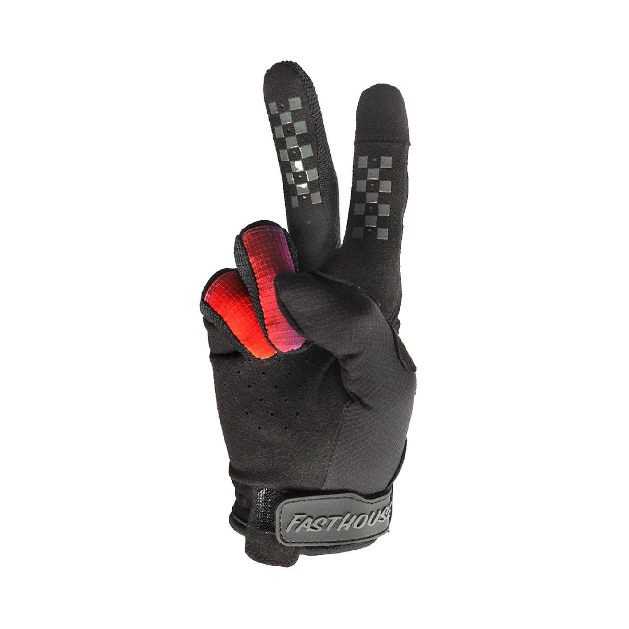 Youth Fasthouse riding glove, black with checker panel and red/blue accent wrist strap