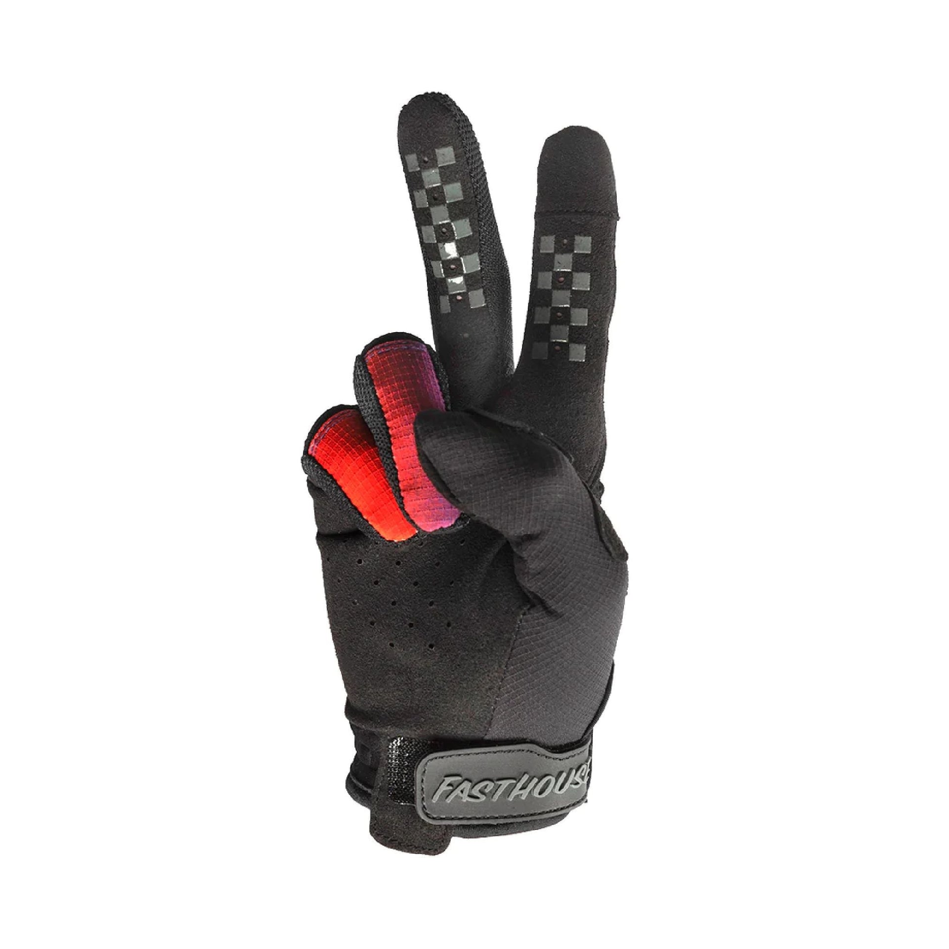 Youth Fasthouse riding glove, black with checker panel and red/blue accent wrist strap