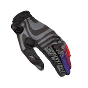 Youth Fasthouse riding glove, black with gray stripe print and purple/red fingertip accents