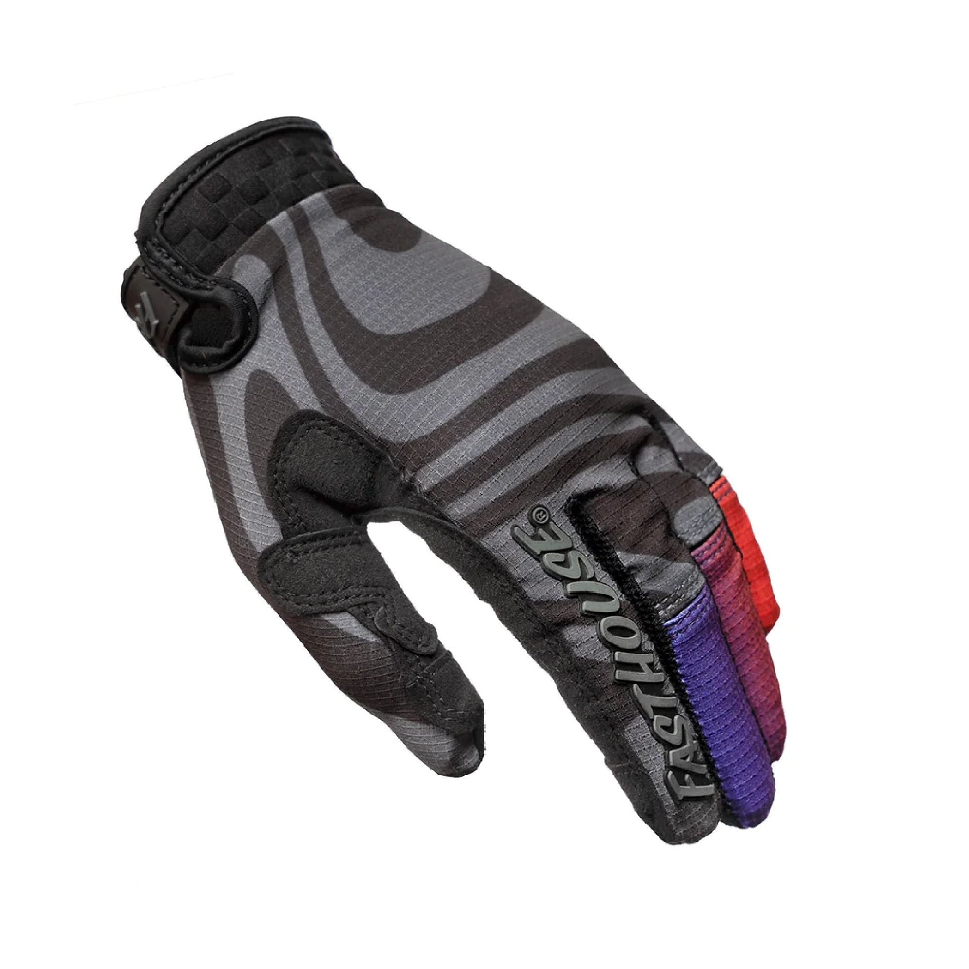 Youth Fasthouse riding glove, black with gray stripe print and purple/red fingertip accents