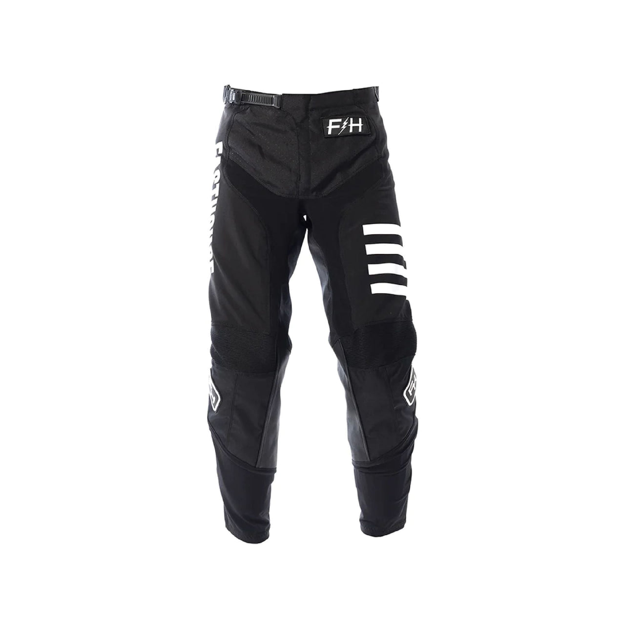 Youth black motocross pants with side F/H logo and white triple stripe on leg