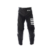 Youth black motocross pants with side F/H logo and white triple stripe on leg