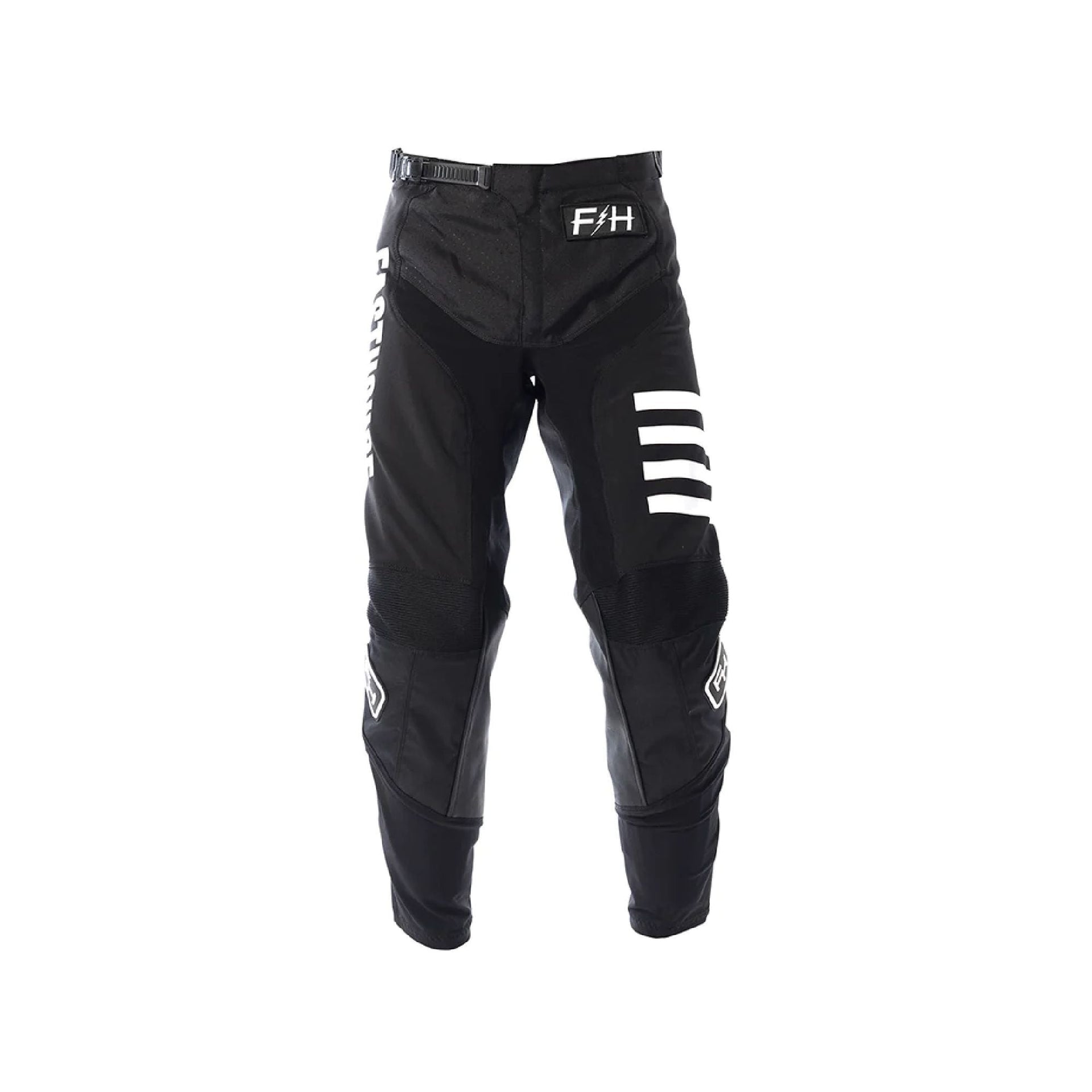 Youth black motocross pants with side F/H logo and white triple stripe on leg
