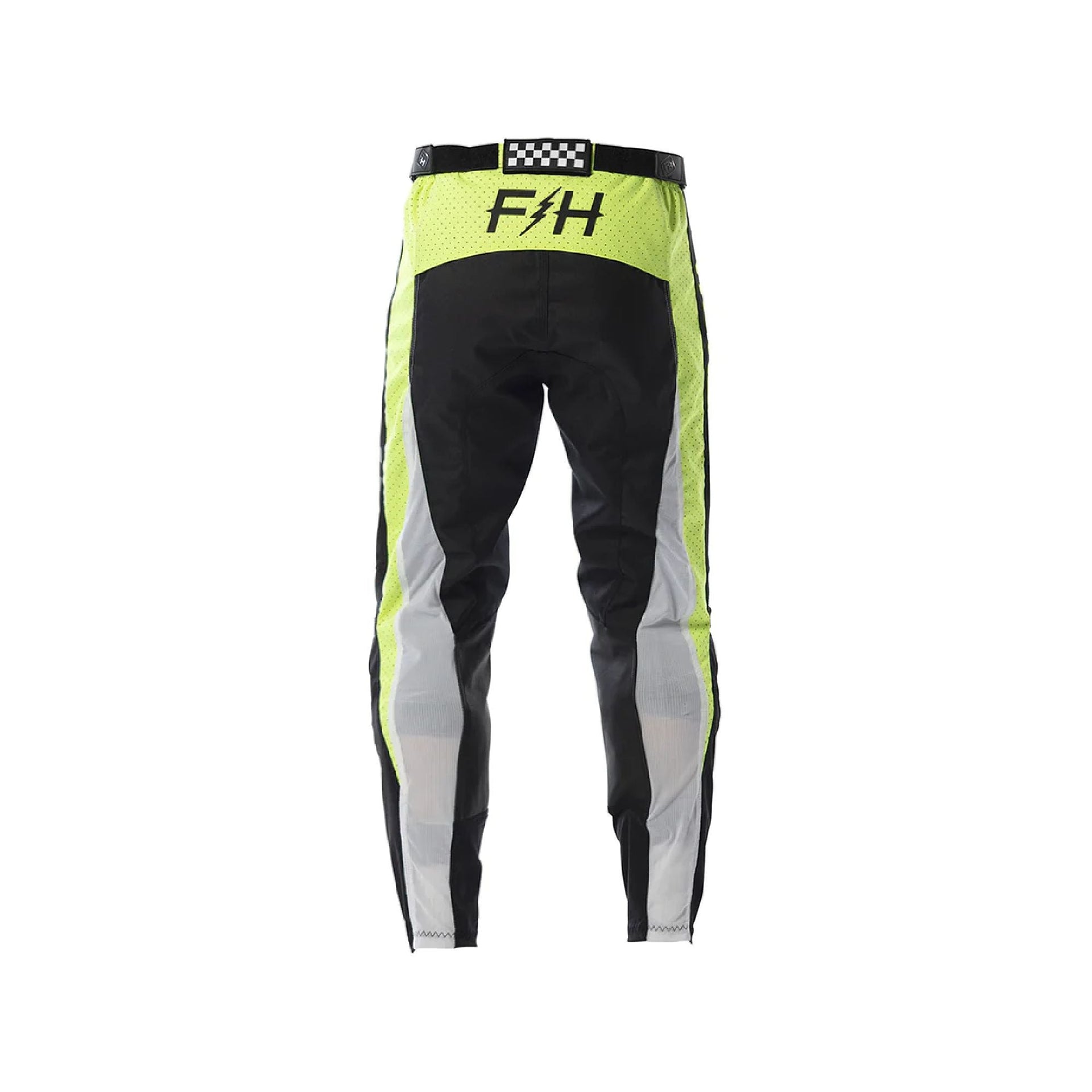 Youth hi-viz yellow and black motocross pants with checkered waistband and reflective panels