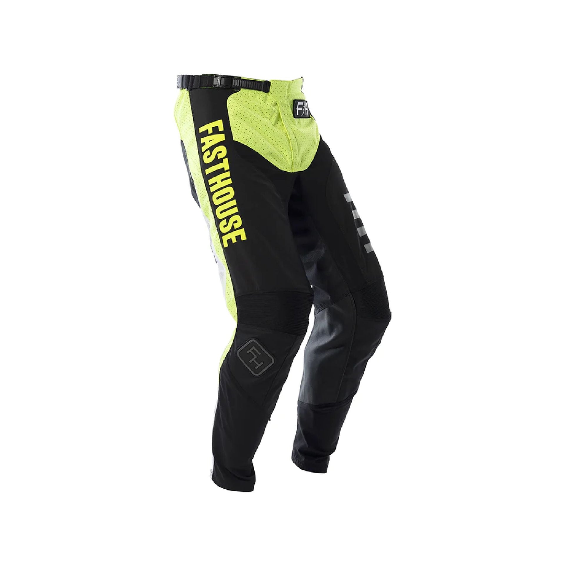 Youth hi-viz yellow and black motocross pants with Fasthouse text on leg