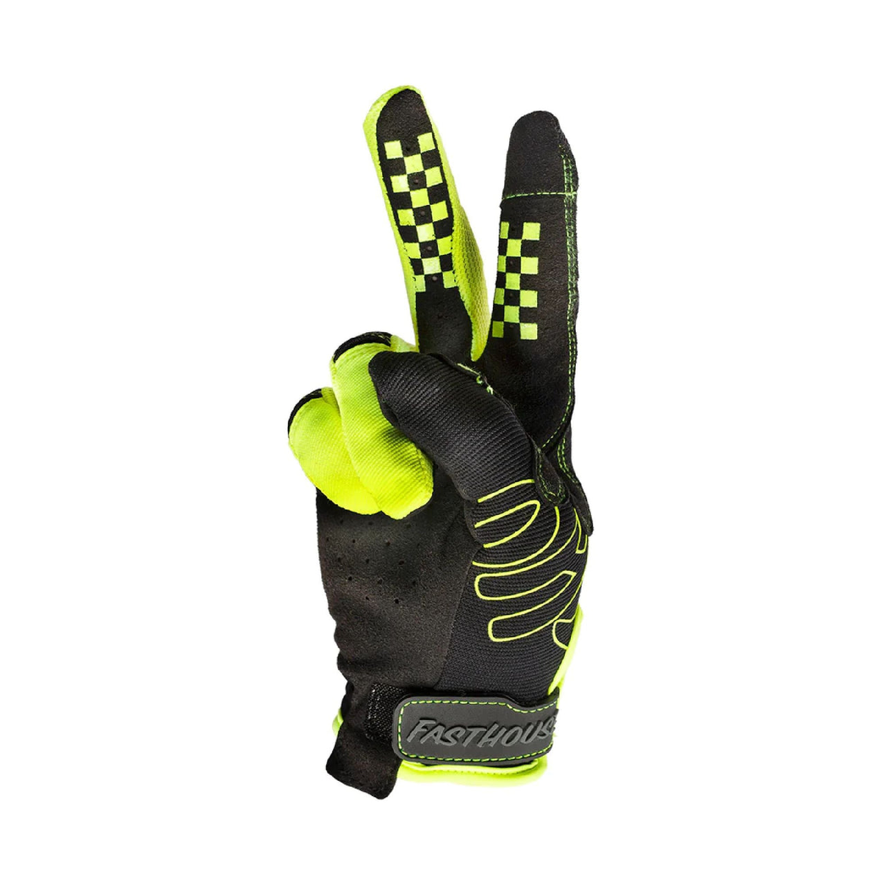 Neon yellow and black youth riding gloves with checkered accents and padded palm