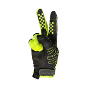Neon yellow and black youth riding gloves with checkered accents and padded palm