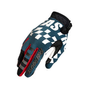 Youth motocross glove, teal and black with white checkered graphic and red logo accents