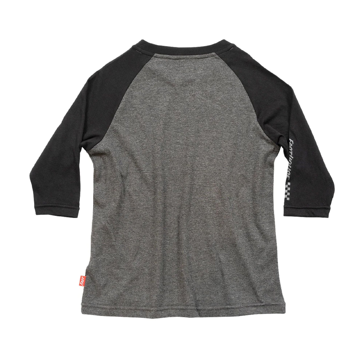 Youth raglan tech tee in black and heather gray, 3/4 back view with sleeve logo