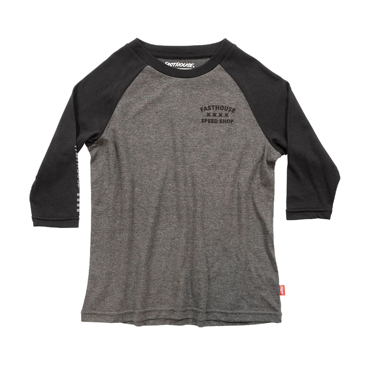 Youth raglan tech tee in black and heather gray, front graphic logo