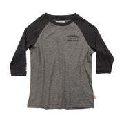 Youth raglan tech tee in black and heather gray, front graphic logo