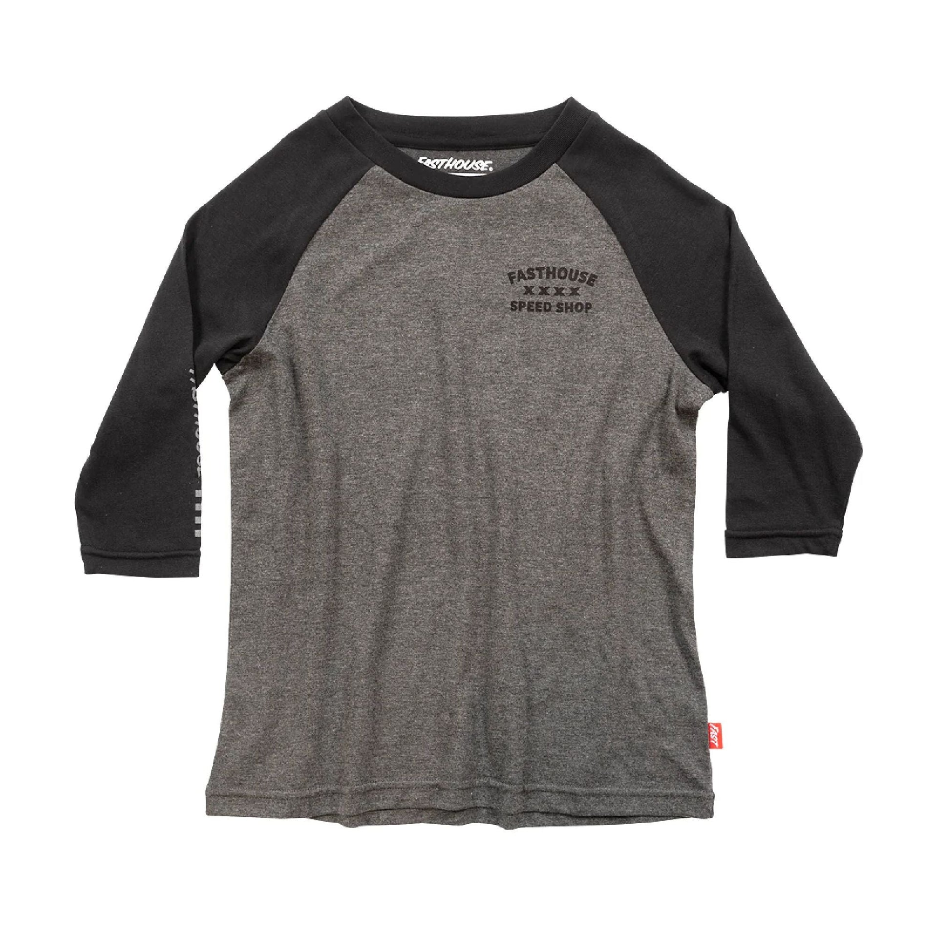 Youth raglan tech tee in black and heather gray, front graphic logo
