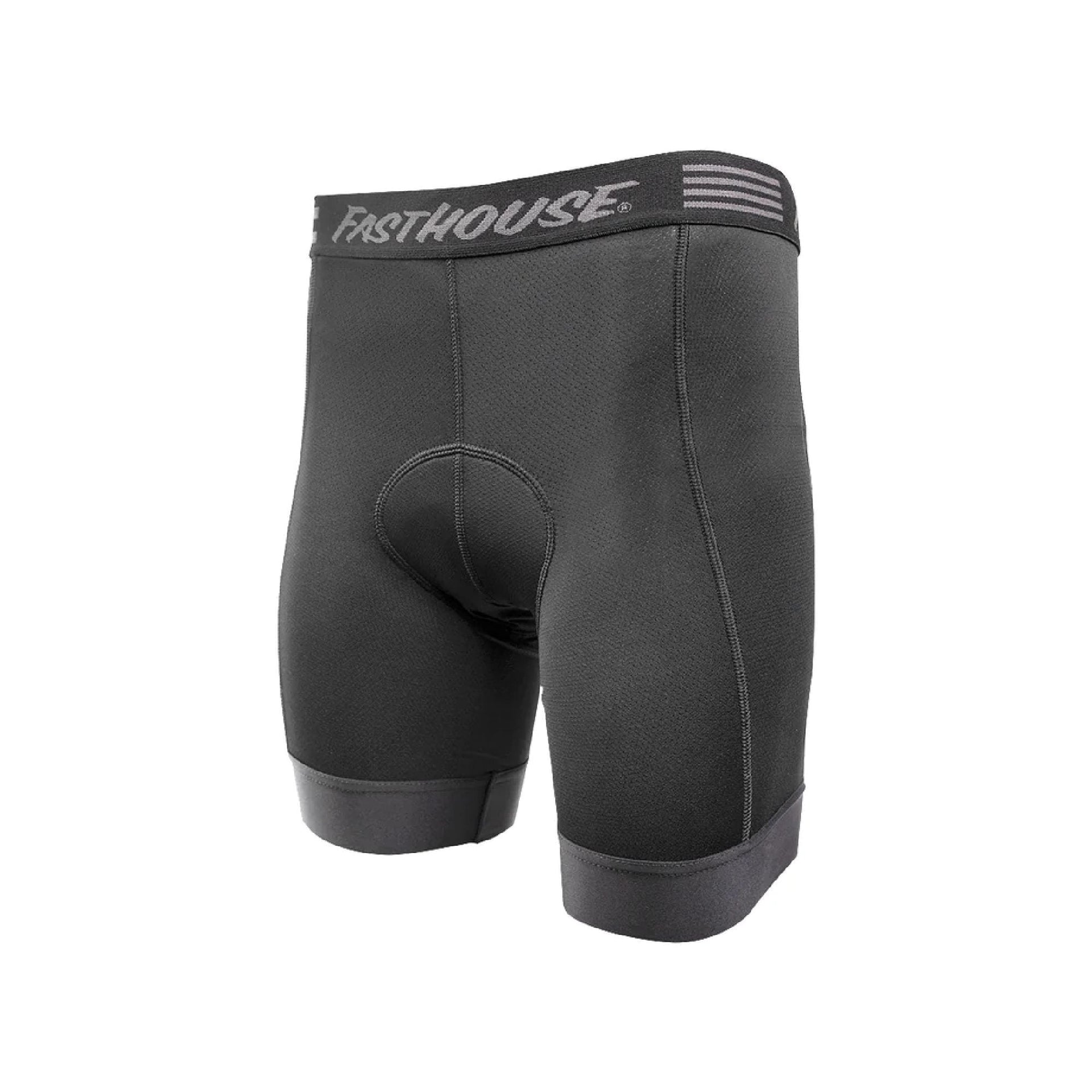 Black youth cycling liner shorts with padded seat and Fasthouse waistband logo