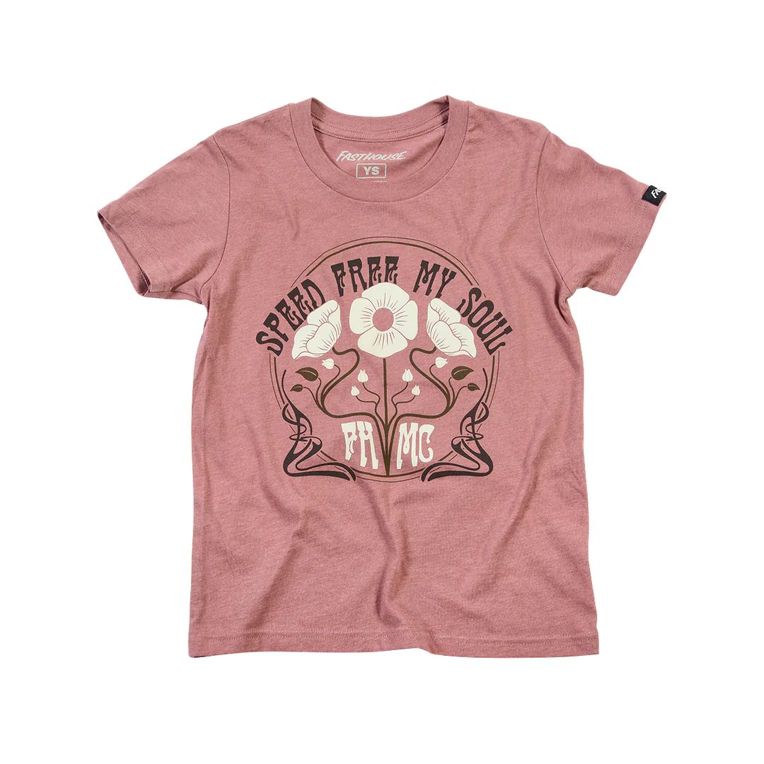 Youth girls heather mauve graphic T-shirt with crew neck and front logo print