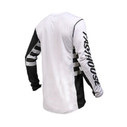 Youth motocross jersey, white with black sleeves, long sleeves and striped side panels