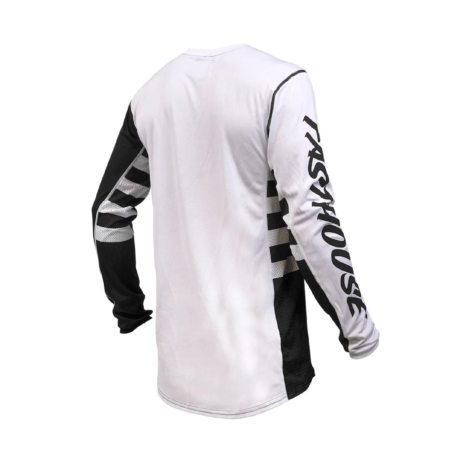 Youth motocross jersey, white with black sleeves, long sleeves and striped side panels