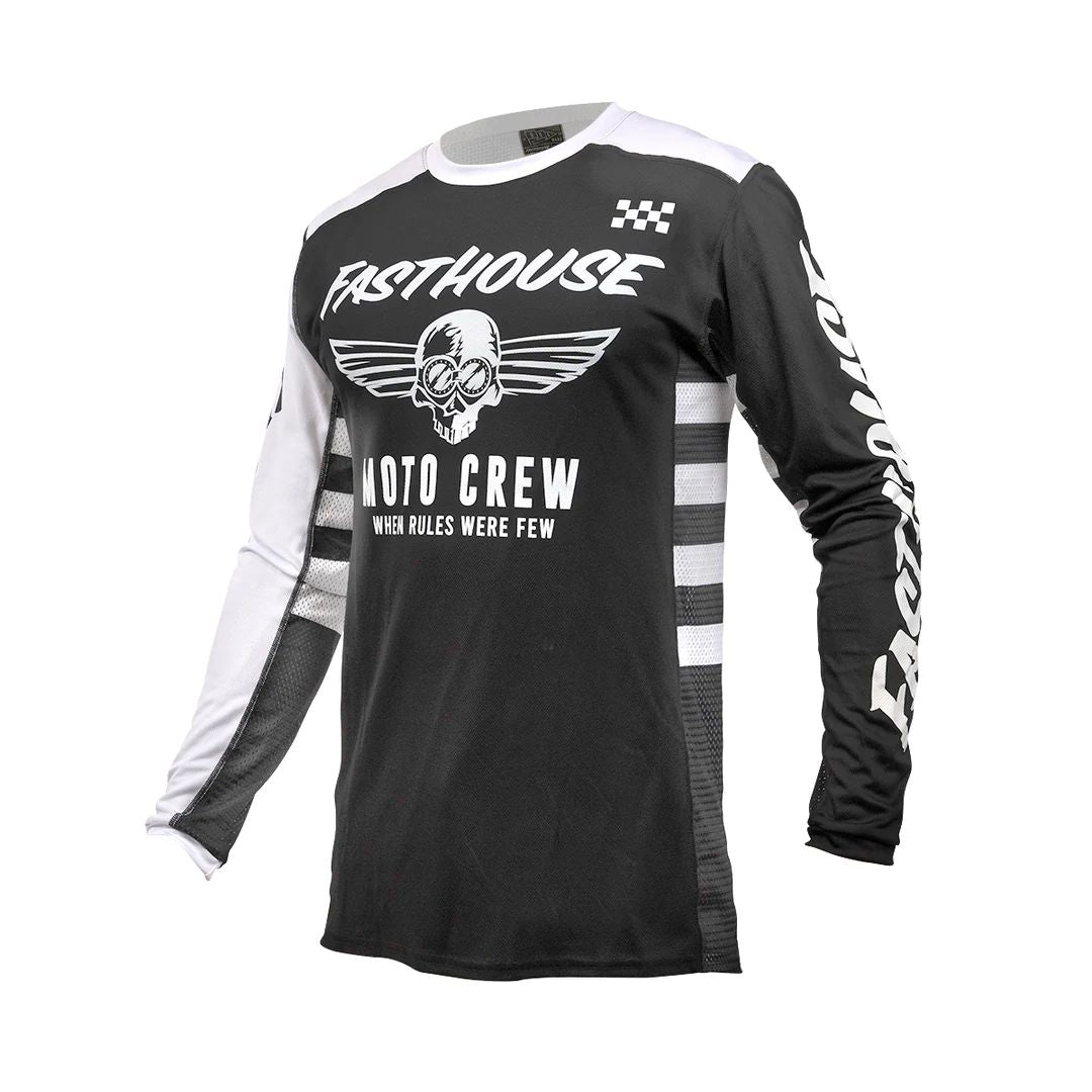 Youth motocross jersey, black and white with long sleeves and graphic front