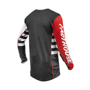 Youth motocross jersey, black with red right sleeve, long sleeves and mesh side panels