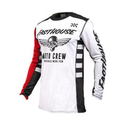 Youth motocross jersey, white with red sleeves, long sleeves, checkered front graphic