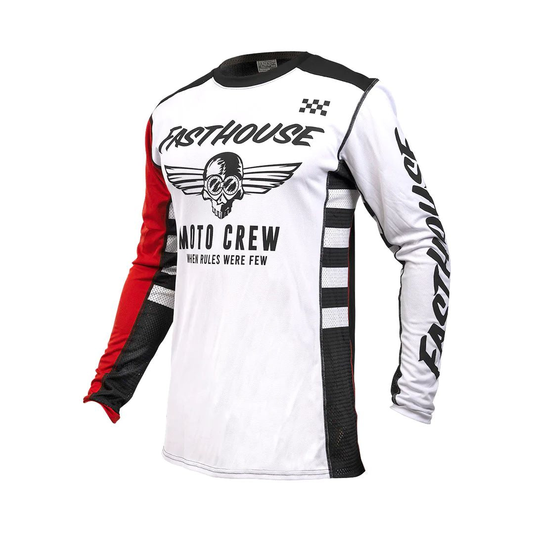 Youth motocross jersey, white with red sleeves, long sleeves, checkered front graphic