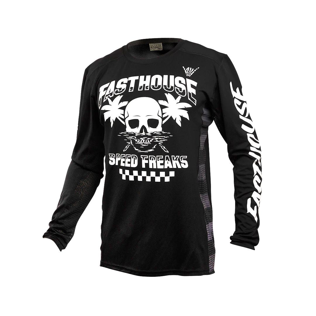 Youth black long-sleeve riding jersey with skull graphic and Speed Freaks text