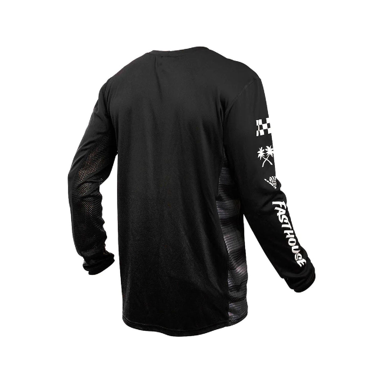 Youth black long-sleeve riding jersey, back view with FastHouse sleeve logo