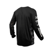 Youth black long-sleeve riding jersey, back view with FastHouse sleeve logo