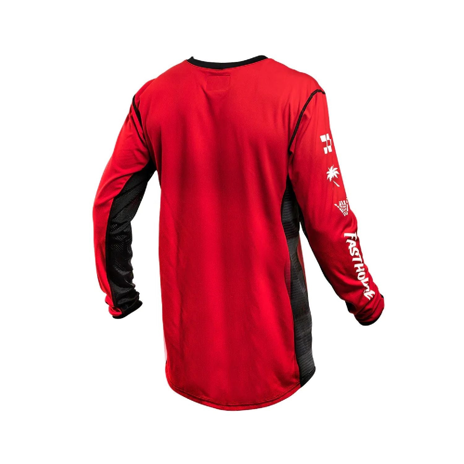 Youth red long-sleeve riding jersey with black side panels and FastHouse sleeve print