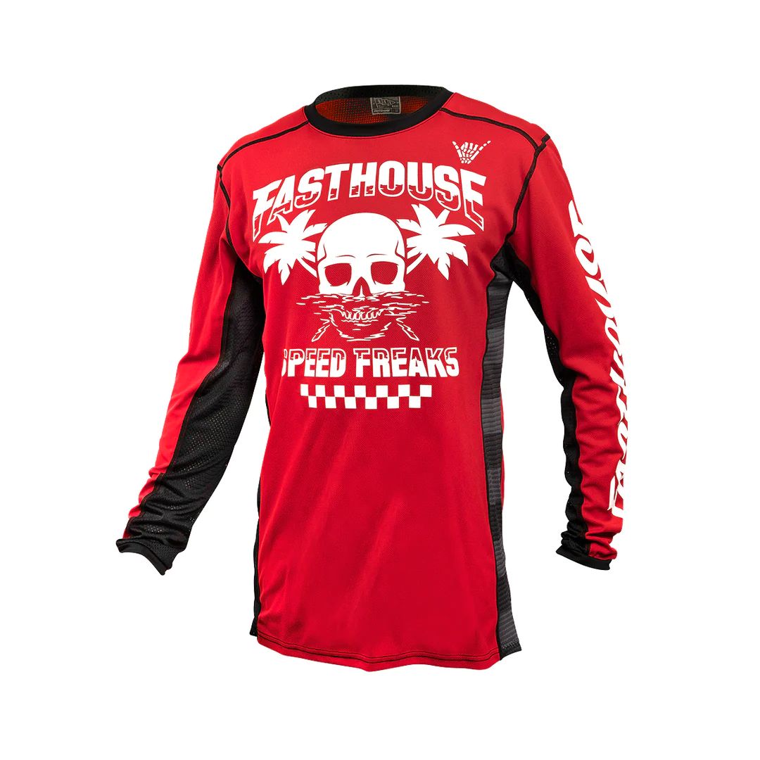 Youth red long-sleeve riding jersey with skull graphic and Speed Freaks text front