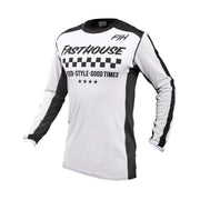 Youth air-cooled jersey in white with black mesh panels and F&H graphic