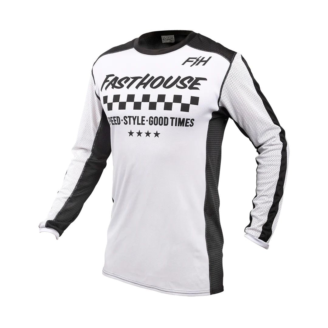 Youth air-cooled jersey in white with black mesh panels and F&H graphic