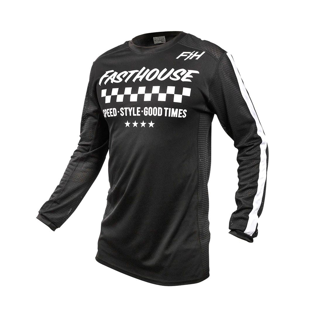 Youth air-cooled jersey in black with white side panels and F&H logo graphics