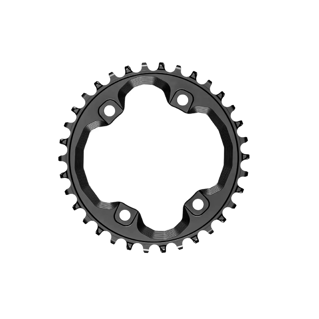 Black round chainring with spoke-style plate and sprocket teeth