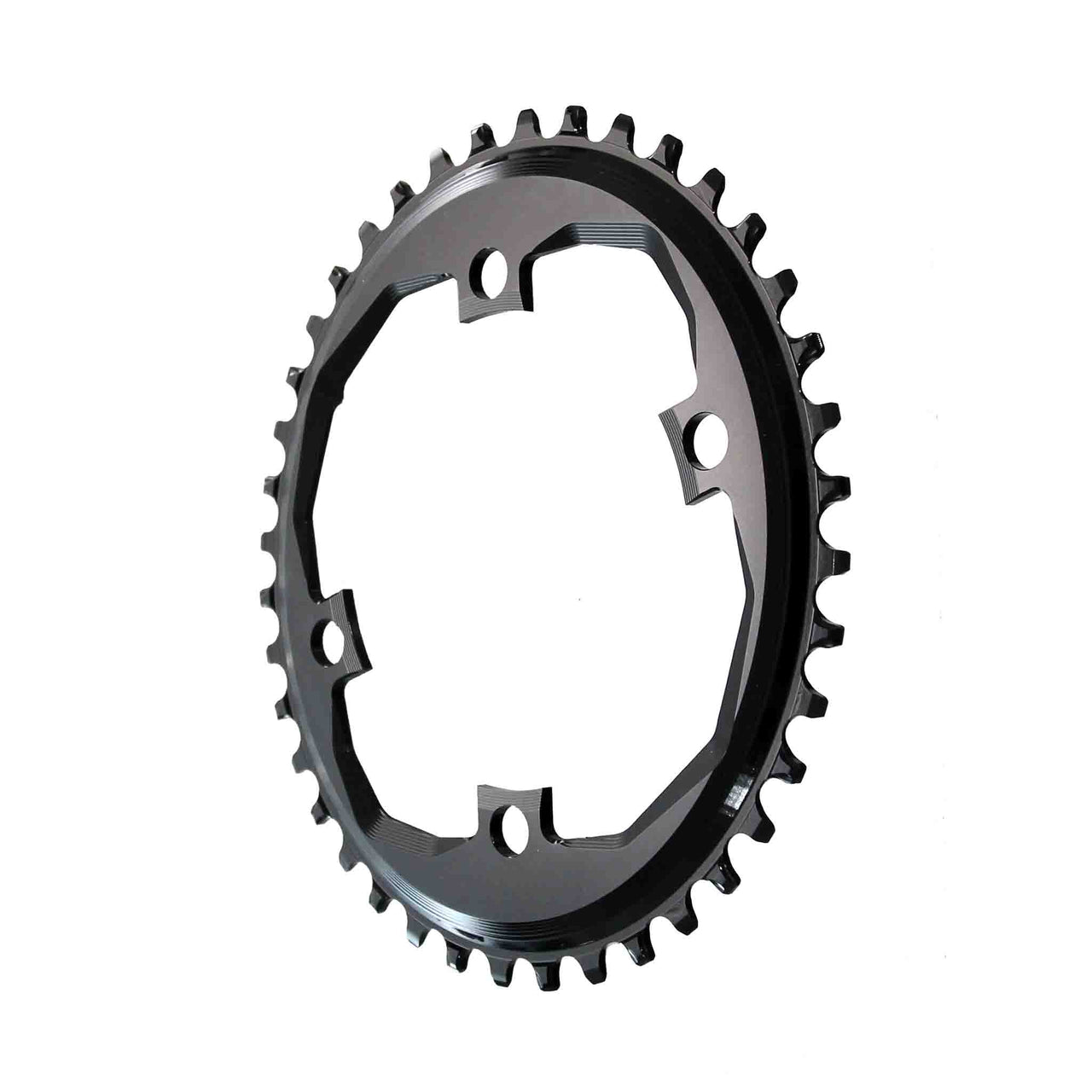 Black round chainring with sprocket teeth and mounting cutouts