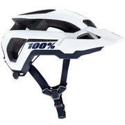 White motocross helmet with black accents and chin strap, 100% logo on side