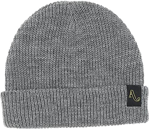 Heather grey knitted beanie with ribbed cuff and small fabric logo patch