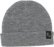 Heather grey knitted beanie with ribbed cuff and small fabric logo patch