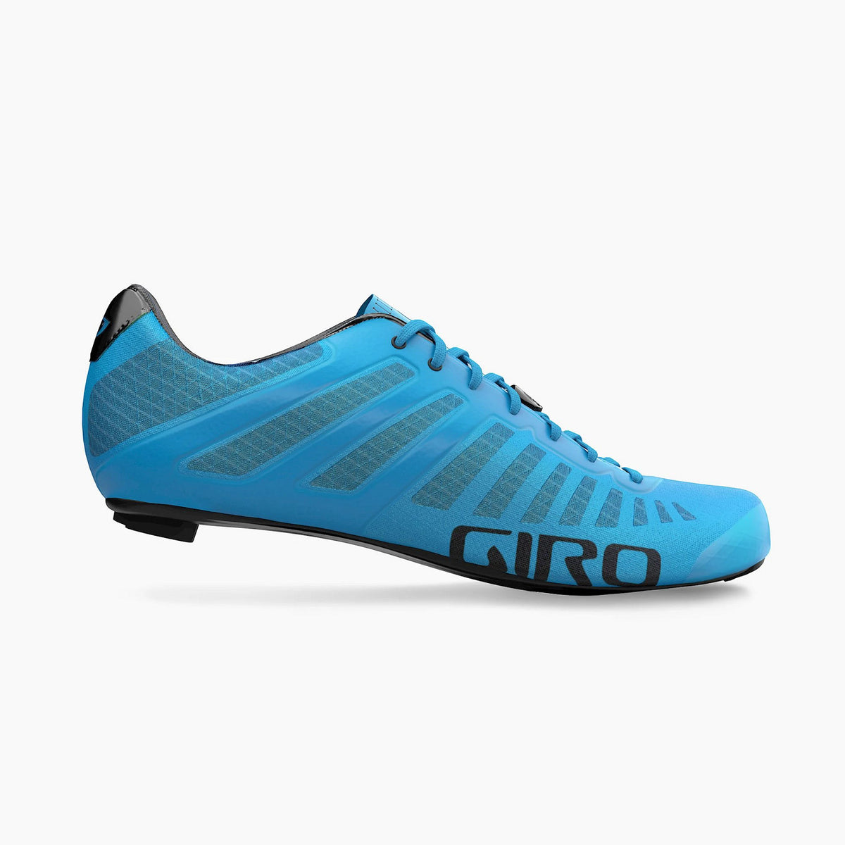 Light blue cycling shoe side view with tread sole and lace-up design