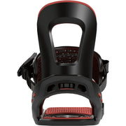 Bataleon women's snowboard bindings with black frame and red accents, front view