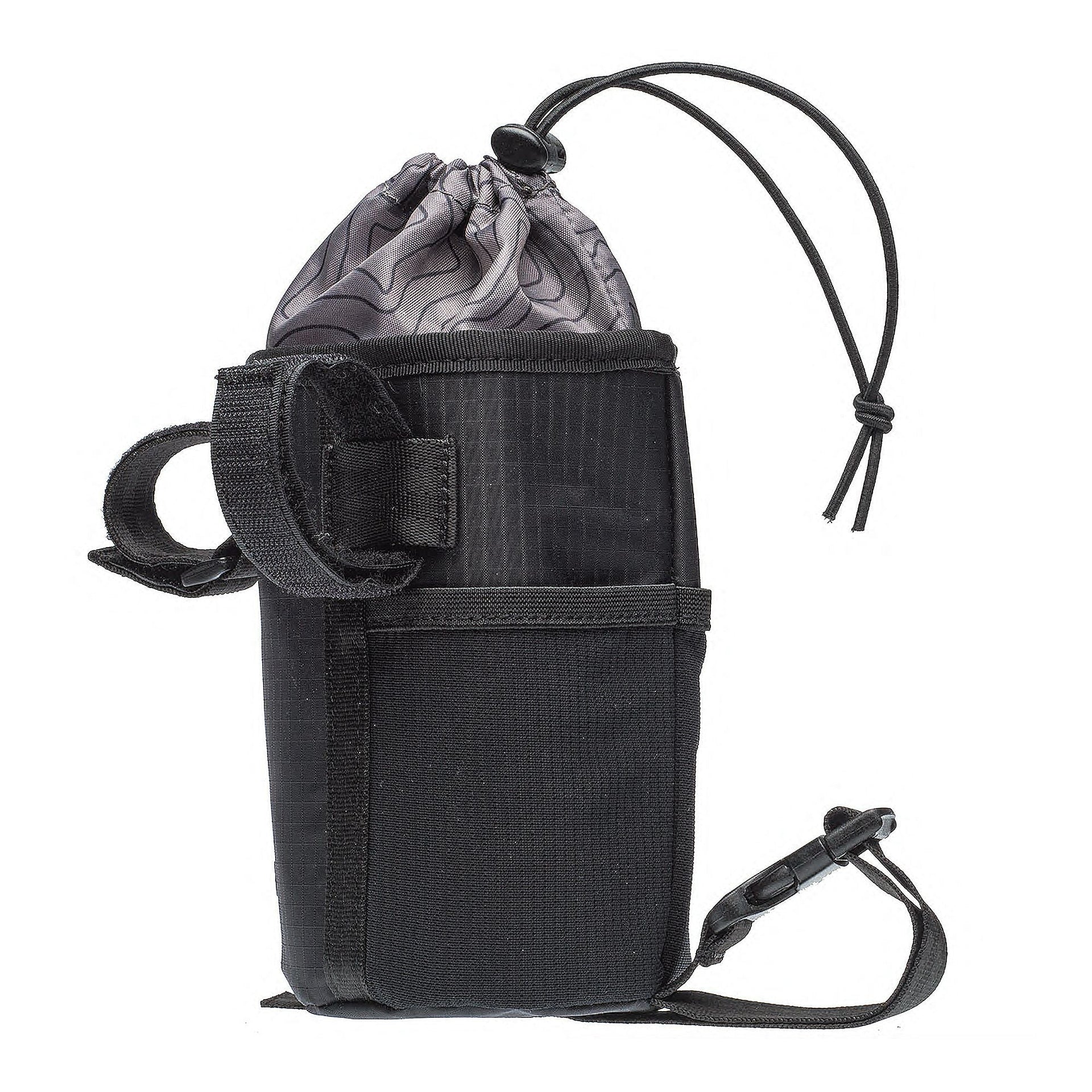 Black nylon carryall bag with drawstring top, front pocket, and adjustable shoulder strap