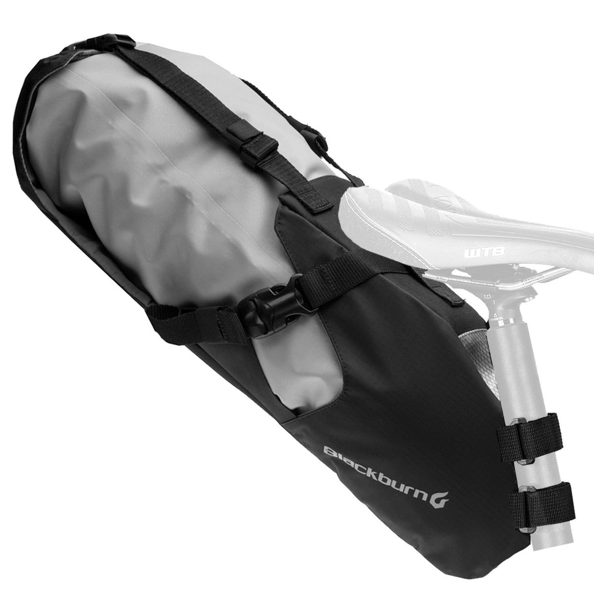 Black waterproof roll-top seat pack with adjustable mounting straps and buckles